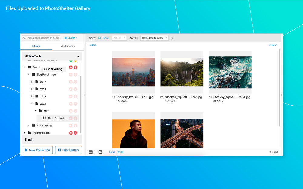PhotoShelter Brands dashboard view — File Management app on the Slack Marketplace