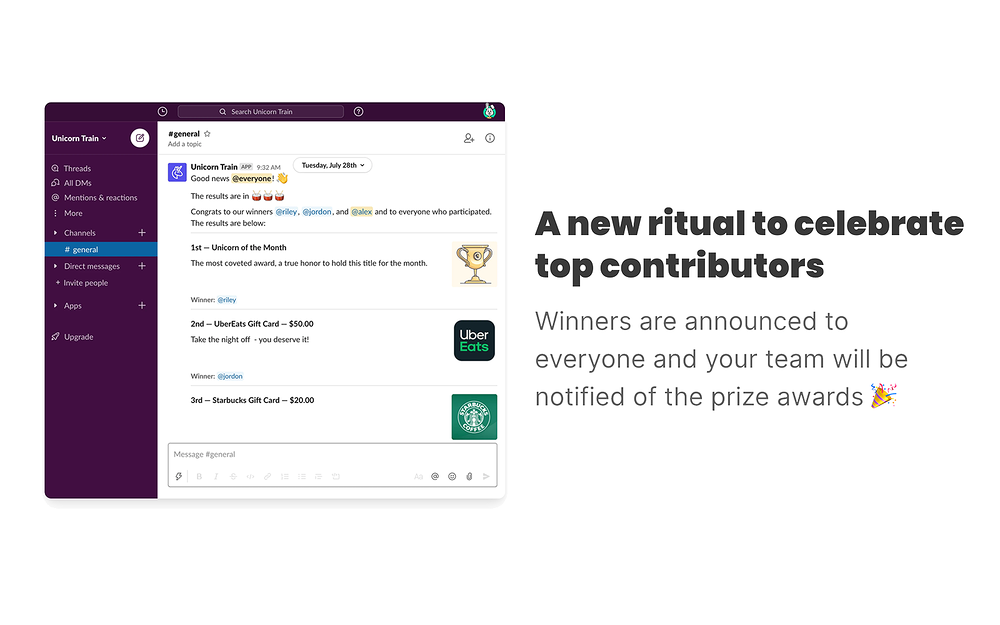 Unicorn Train mobile preview — HR & Team Culture app on the Slack Marketplace