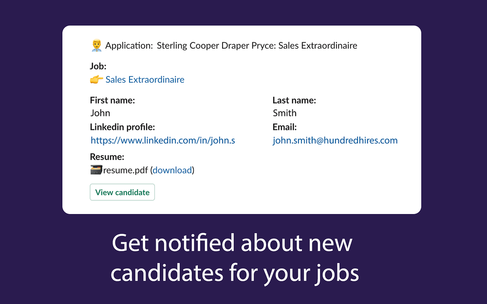 Talent pool and alerts by 100Hires primary marketing image — HR & Team Culture app on the Slack Marketplace