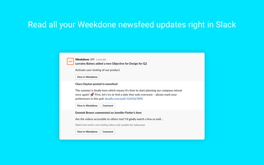 Weekdone settings interface — HR & Team Culture app on the Slack Marketplace