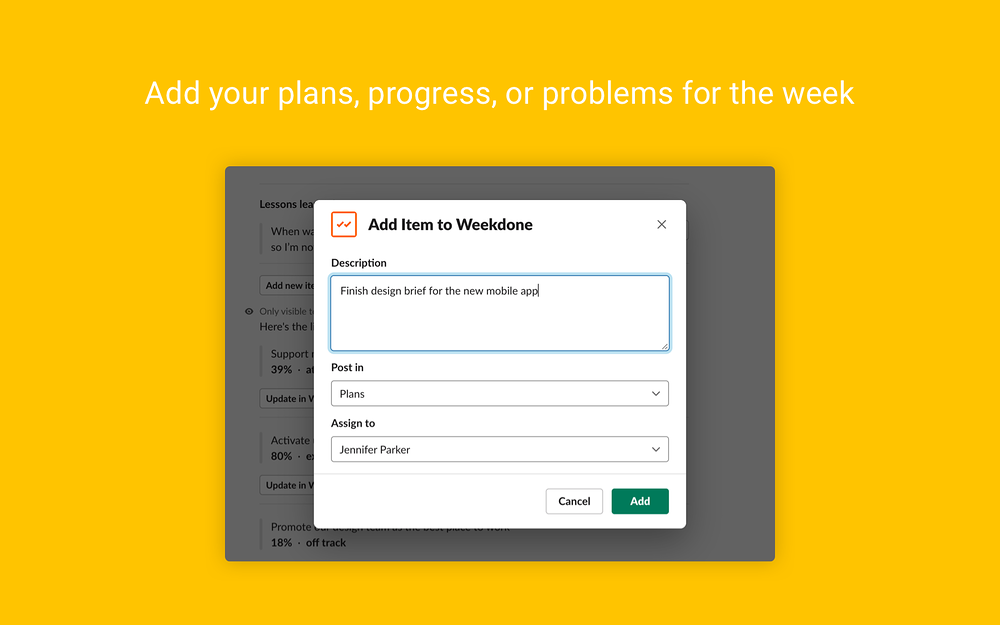 Weekdone dashboard view — HR & Team Culture app on the Slack Marketplace