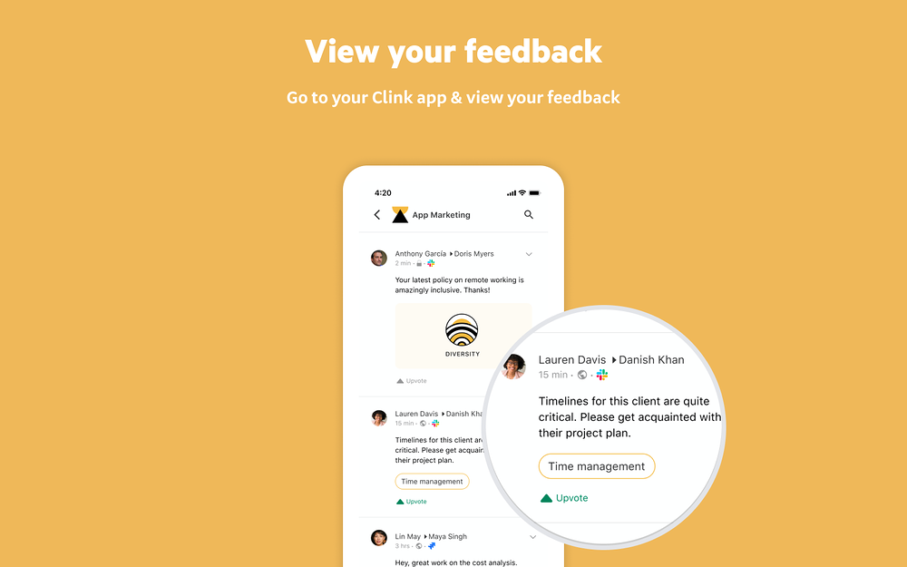 Clink mobile preview — Project Management app on the Slack Marketplace
