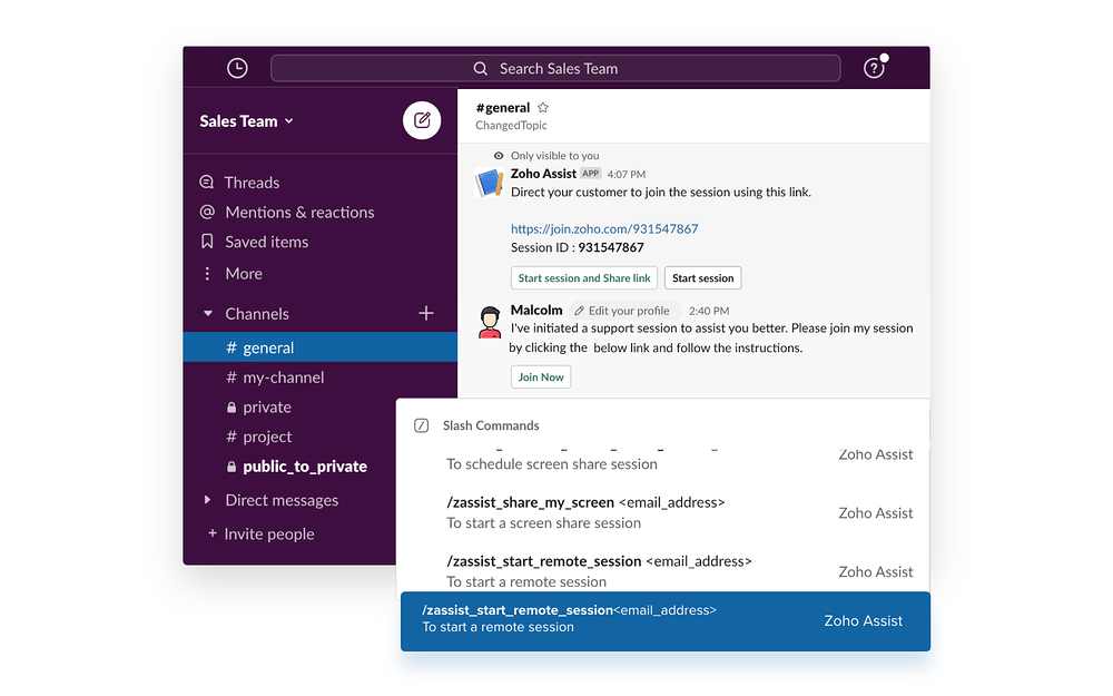 Zoho Assist dashboard view — Customer Support app on the Slack Marketplace