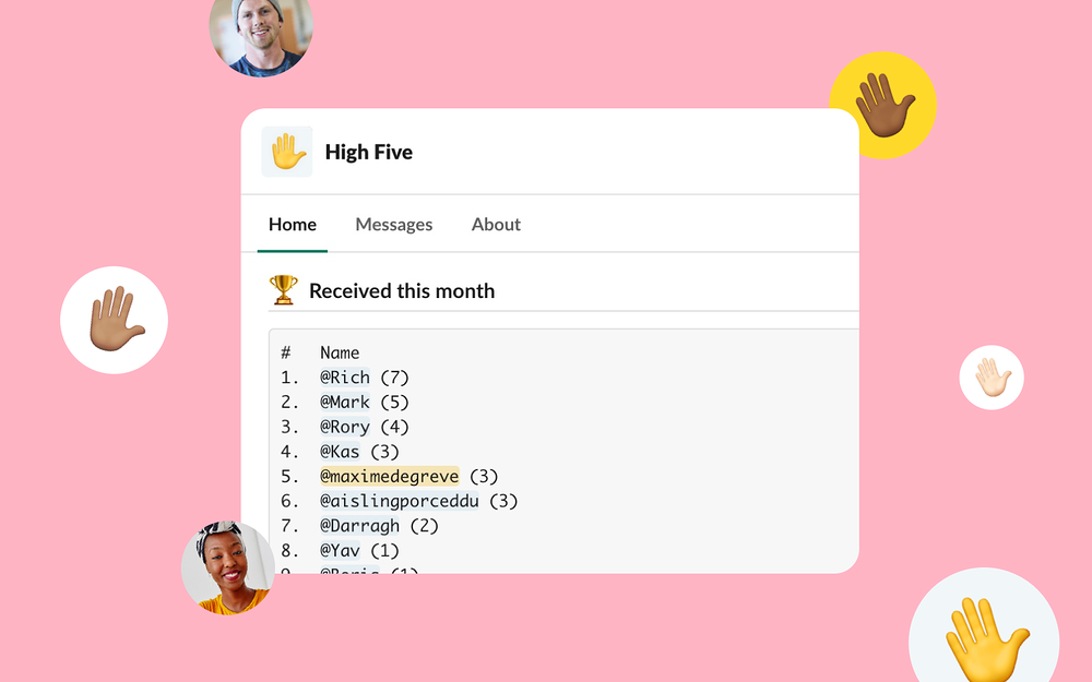 High Five dashboard view — Health & Wellness app on the Slack Marketplace