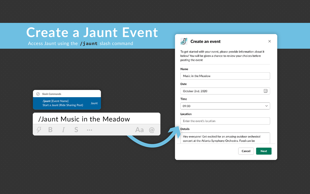 Jaunt primary marketing image — Social & Fun app on the Slack Marketplace