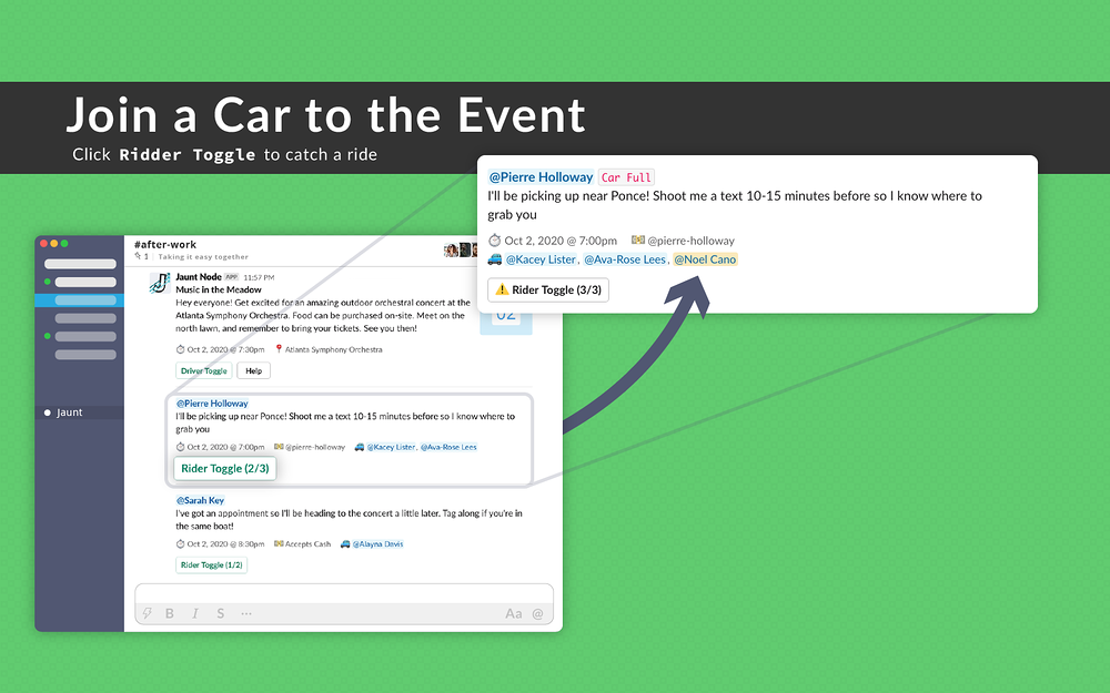 Jaunt dashboard view — Social & Fun app on the Slack Marketplace