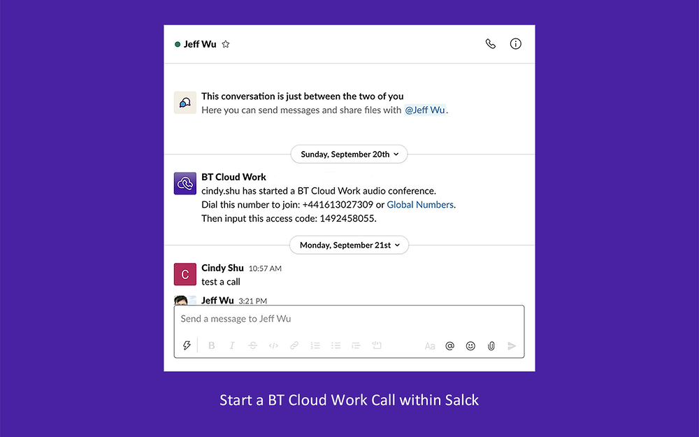 BT Cloud Work feature detail — Voice & Video app on the Slack Marketplace