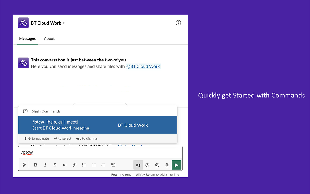 BT Cloud Work integration setup — Voice & Video app on the Slack Marketplace