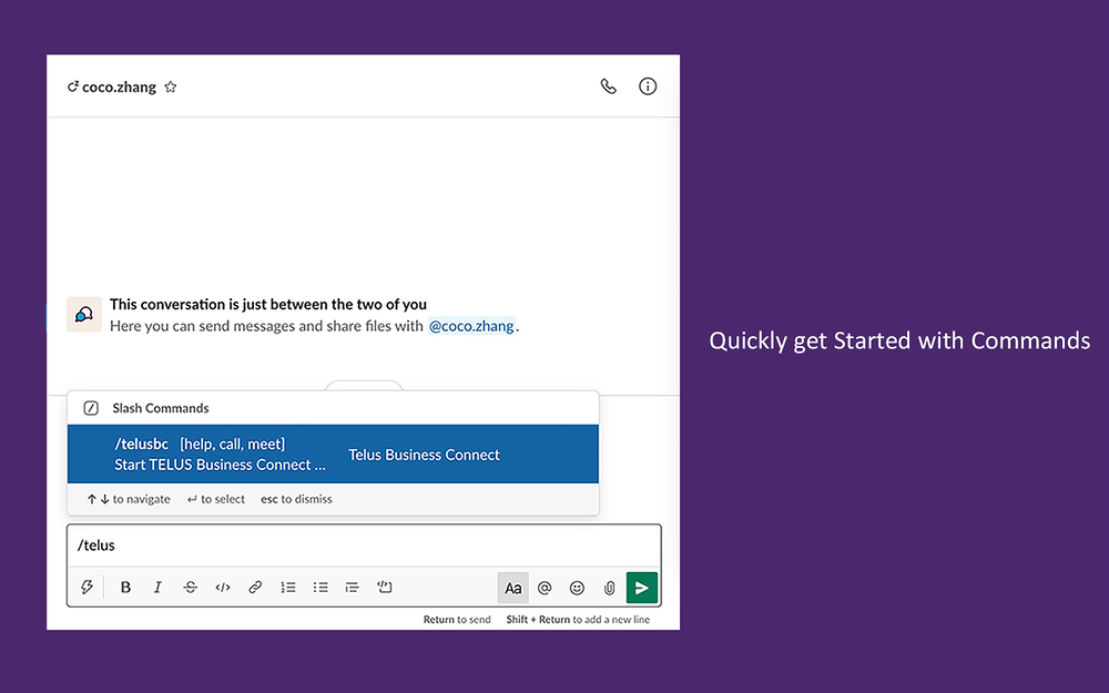 TELUS Business Connect feature detail — Voice & Video app on the Slack Marketplace