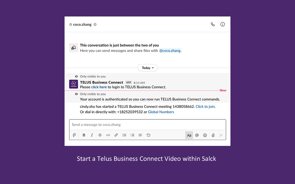 TELUS Business Connect dashboard view — Voice & Video app on the Slack Marketplace