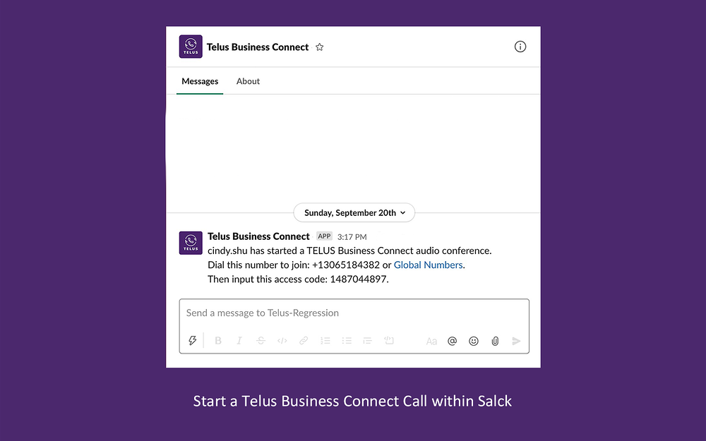 TELUS Business Connect settings interface — Voice & Video app on the Slack Marketplace