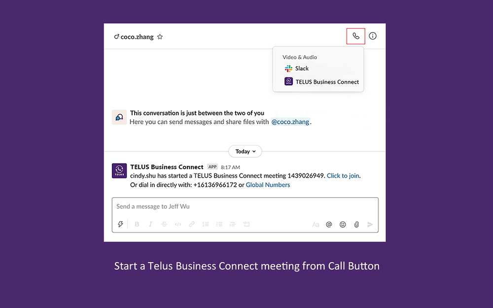 TELUS Business Connect integration setup — Voice & Video app on the Slack Marketplace