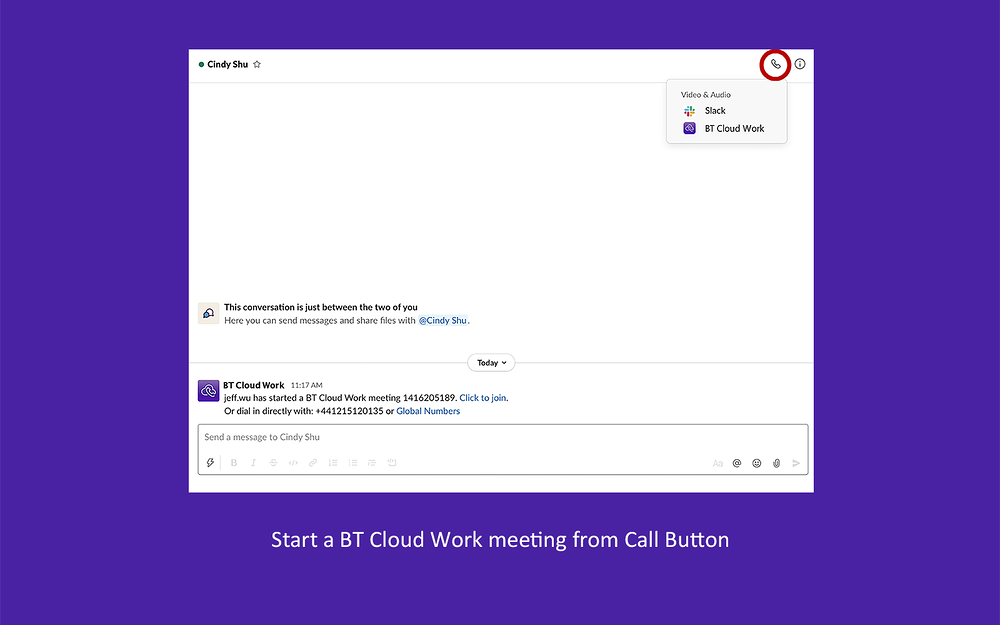 BT Cloud Work primary marketing image — Voice & Video app on the Slack Marketplace