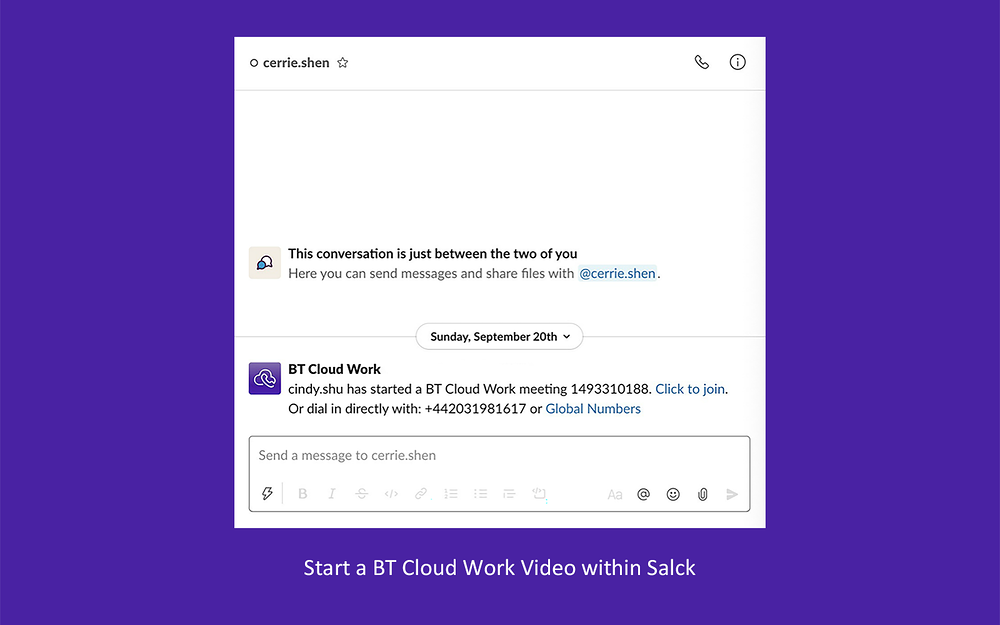 BT Cloud Work settings interface — Voice & Video app on the Slack Marketplace