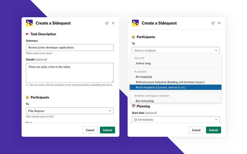 Sidequest feature detail — Office Management app on the Slack Marketplace