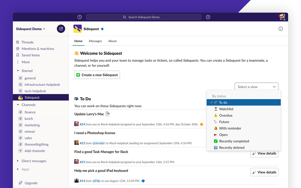 Sidequest primary marketing image — Office Management app on the Slack Marketplace
