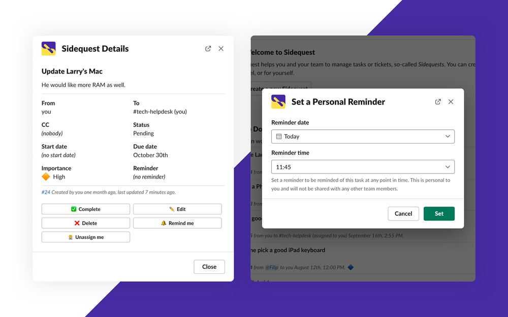 Sidequest dashboard view — Office Management app on the Slack Marketplace