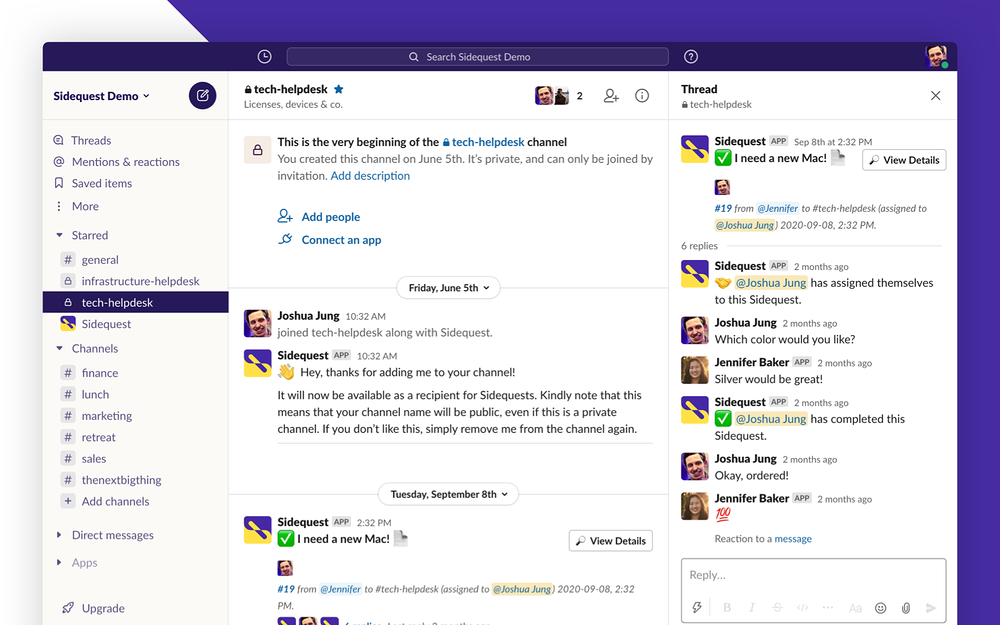 Sidequest settings interface — Office Management app on the Slack Marketplace