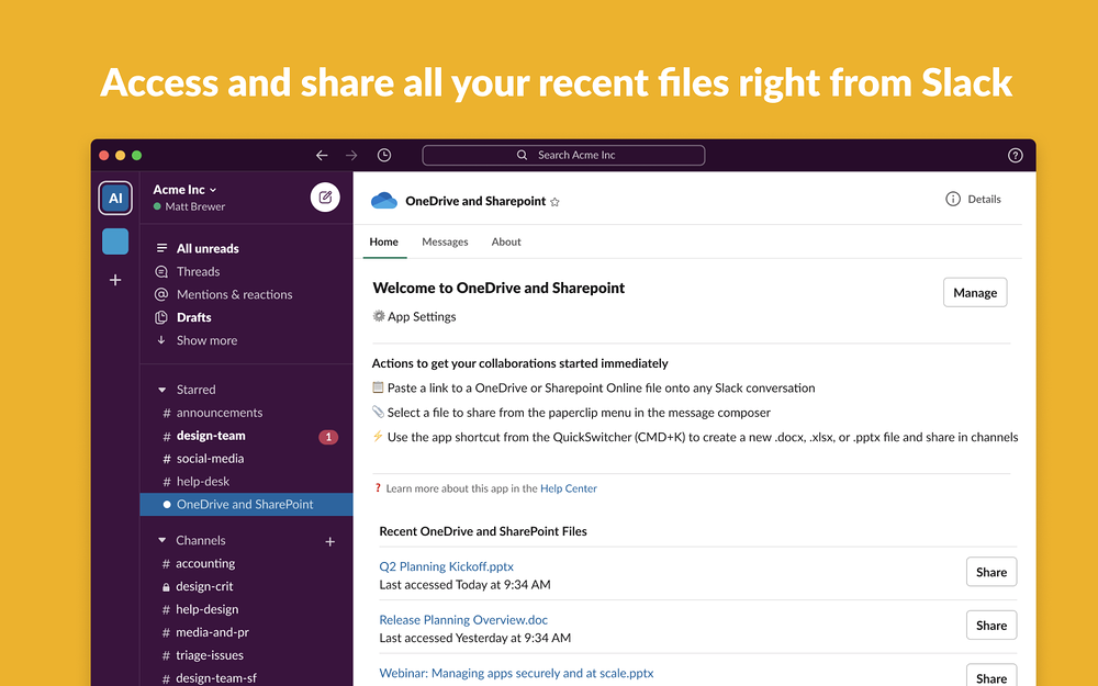 OneDrive and SharePoint settings interface — Daily Tools app on the Slack Marketplace