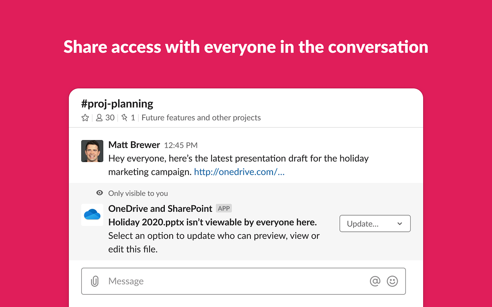 OneDrive and SharePoint feature detail — Daily Tools app on the Slack Marketplace