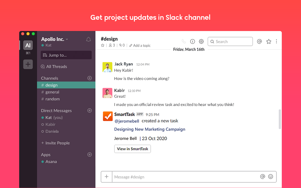 SmartTask dashboard view — Office Management app on the Slack Marketplace