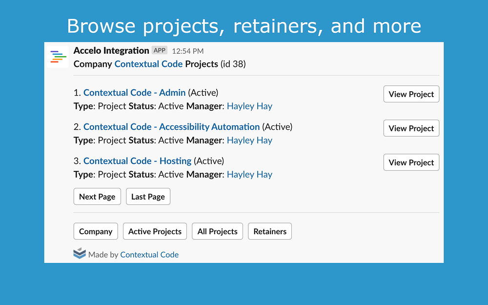 Accelo Integration feature detail — Sales app on the Slack Marketplace
