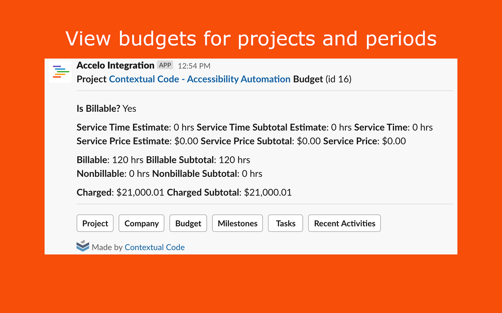 Accelo Integration dashboard view — Sales app on the Slack Marketplace