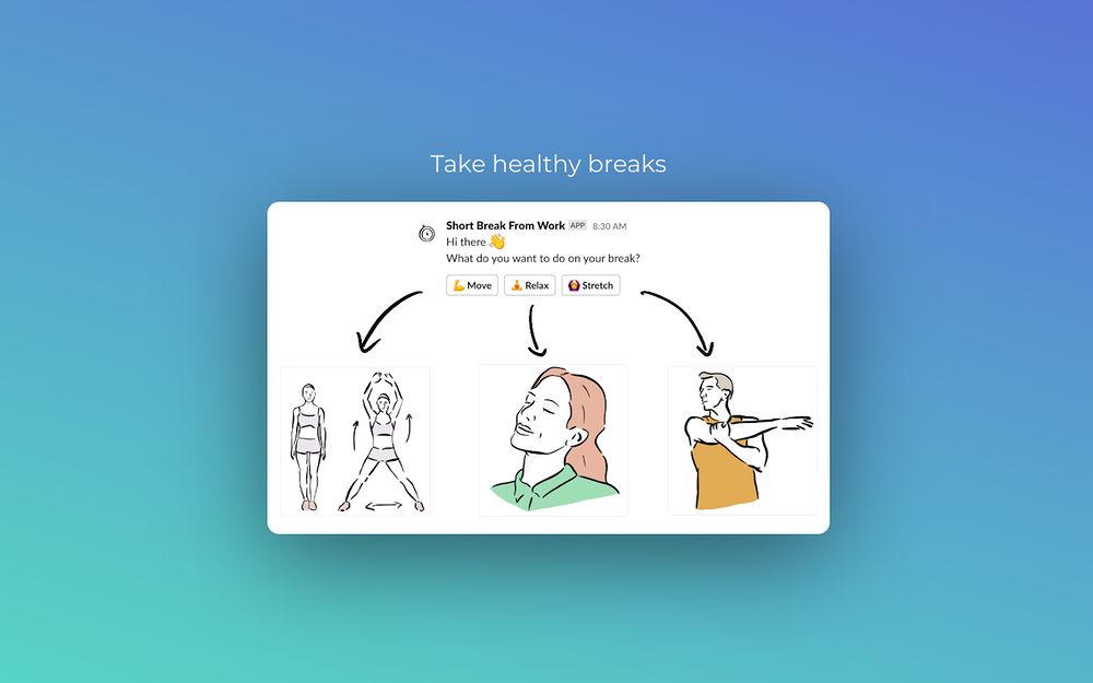 Short Break From Work feature detail — Health & Wellness app on the Slack Marketplace