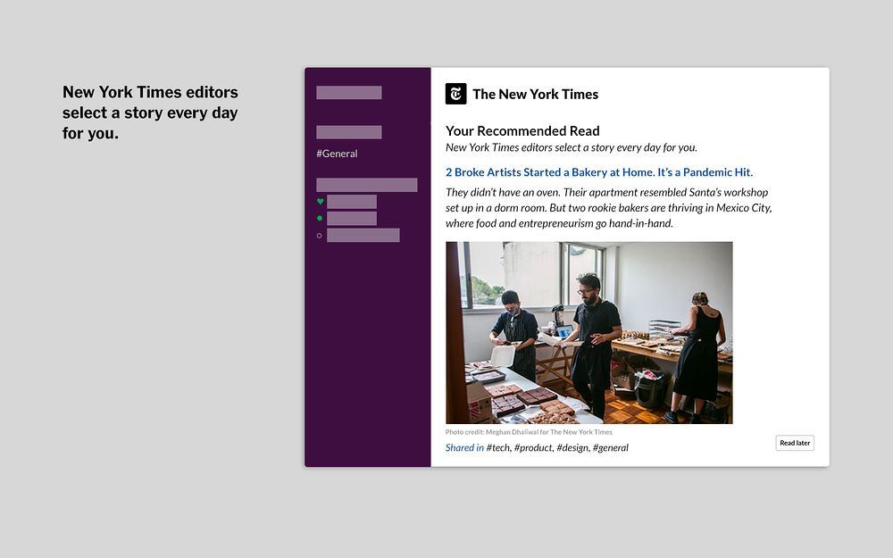 The New York Times dashboard view — app on the Slack Marketplace