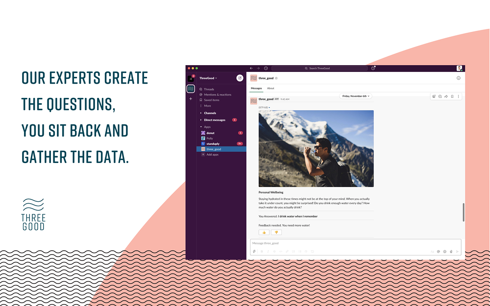 Three Good dashboard view — Health & Wellness app on the Slack Marketplace