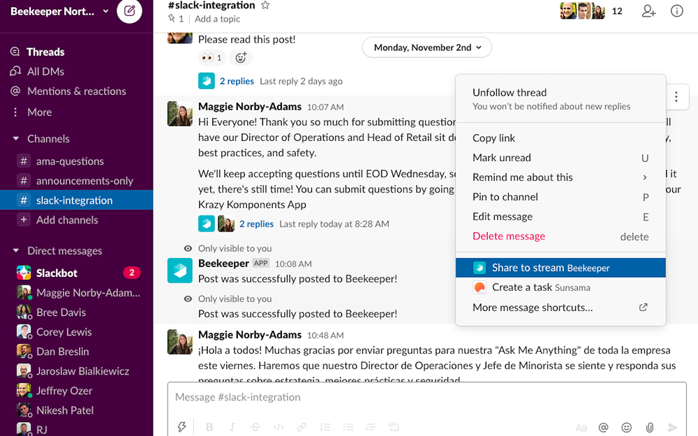 Beekeeper feature detail — HR & Team Culture app on the Slack Marketplace