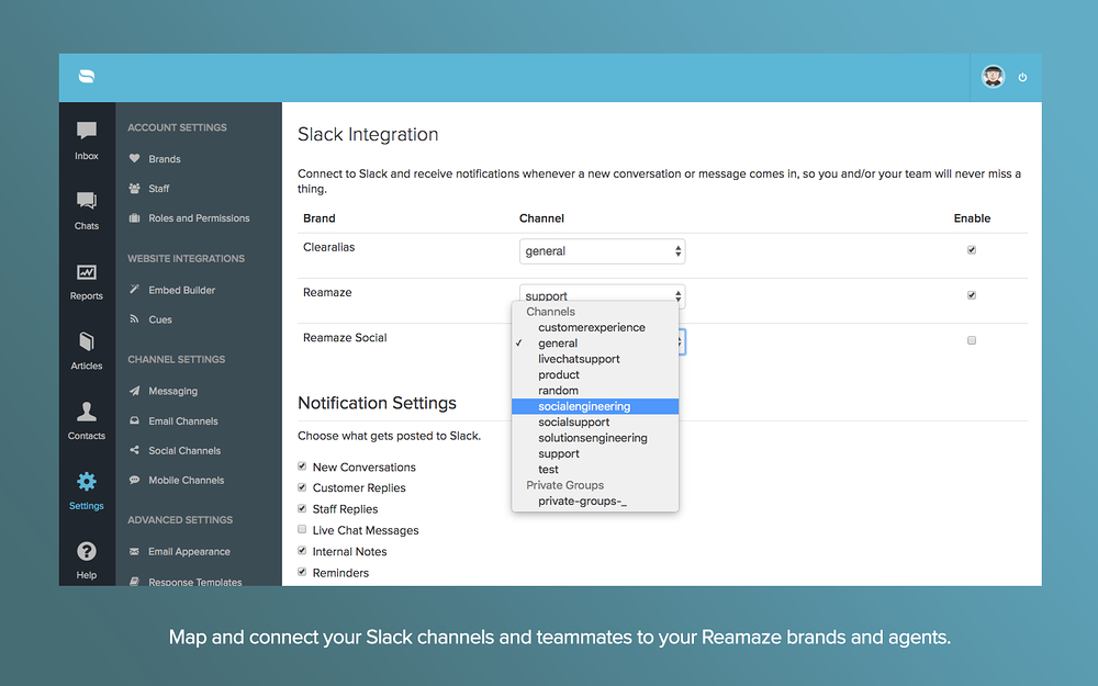 Reamaze settings interface — Marketing app on the Slack Marketplace
