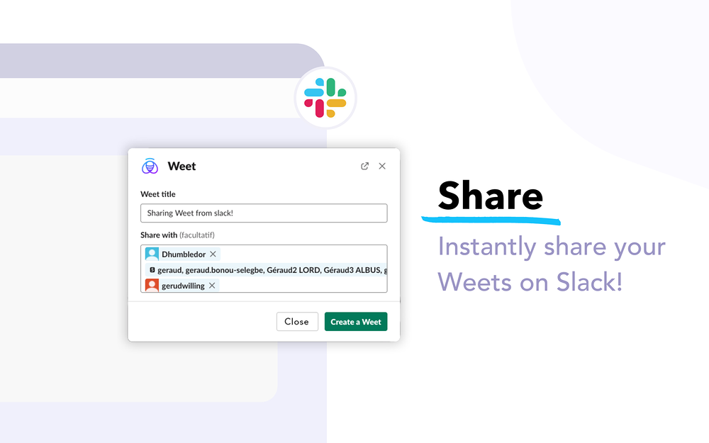 Weet dashboard view — Voice & Video app on the Slack Marketplace