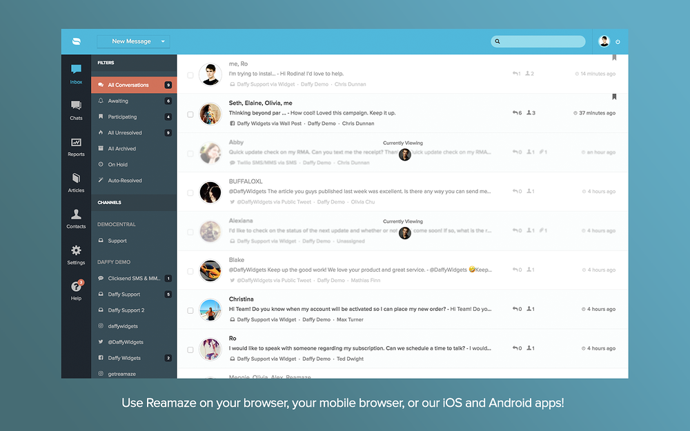 Reamaze dashboard view — Marketing app on the Slack Marketplace