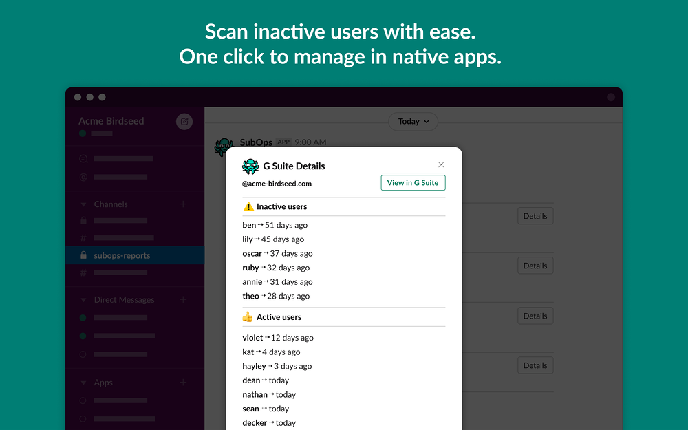 SubOps dashboard view — Finance app on the Slack Marketplace