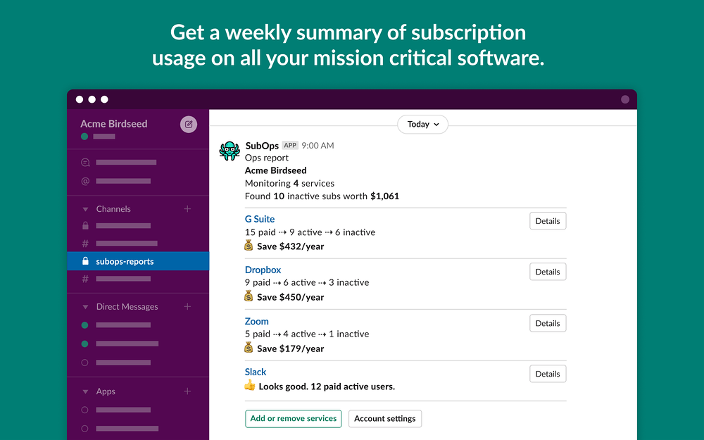 SubOps primary marketing image — Finance app on the Slack Marketplace