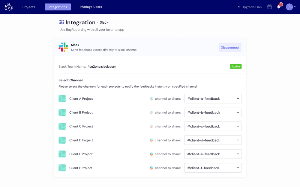 Bug Reporting settings interface — Voice & Video app on the Slack Marketplace