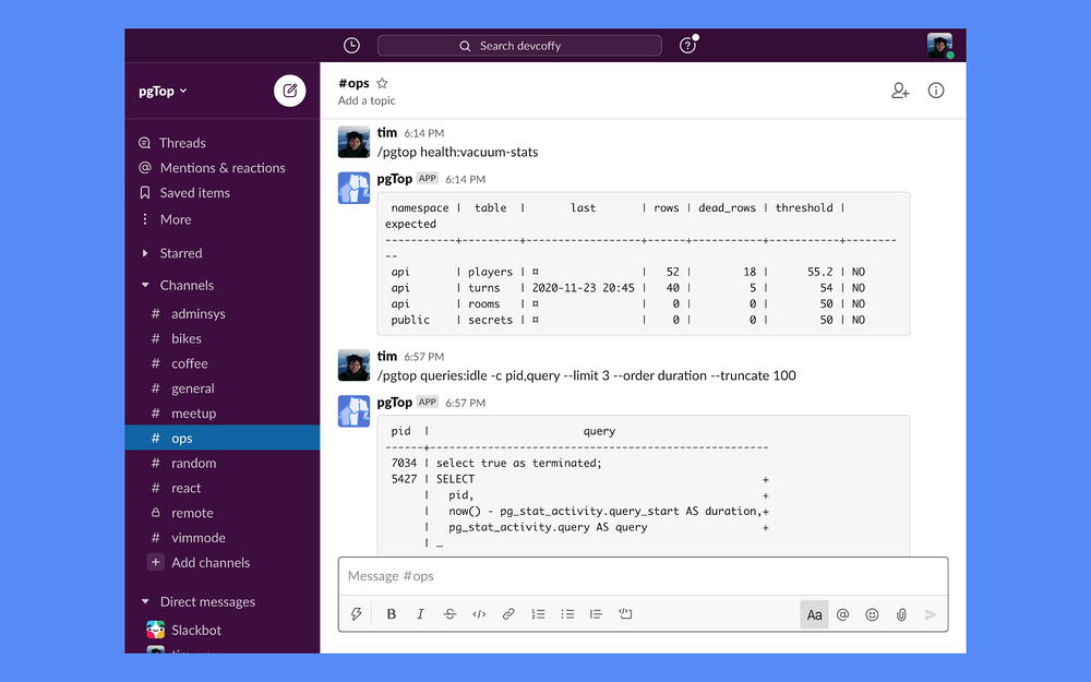 pgTop primary marketing image — Developer Tools app on the Slack Marketplace