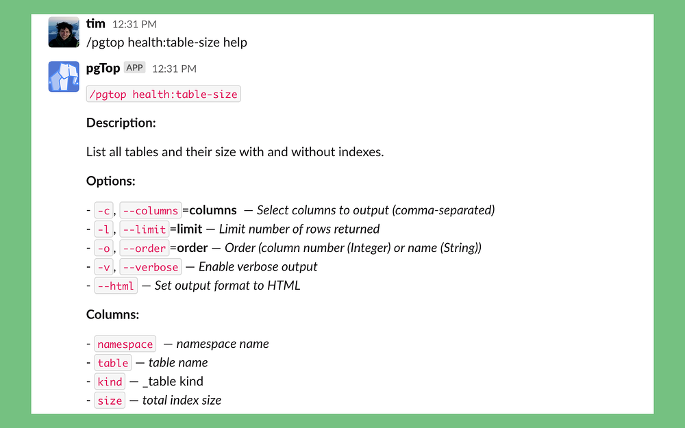 pgTop integration setup — Developer Tools app on the Slack Marketplace