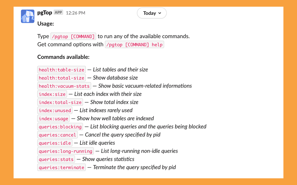 pgTop feature detail — Developer Tools app on the Slack Marketplace
