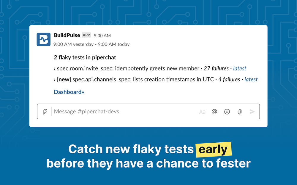 BuildPulse dashboard view — Developer Tools app on the Slack Marketplace