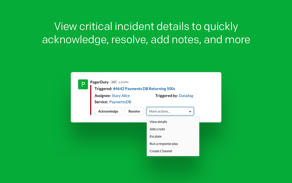 PagerDuty dashboard view — Security & Compliance app on the Slack Marketplace