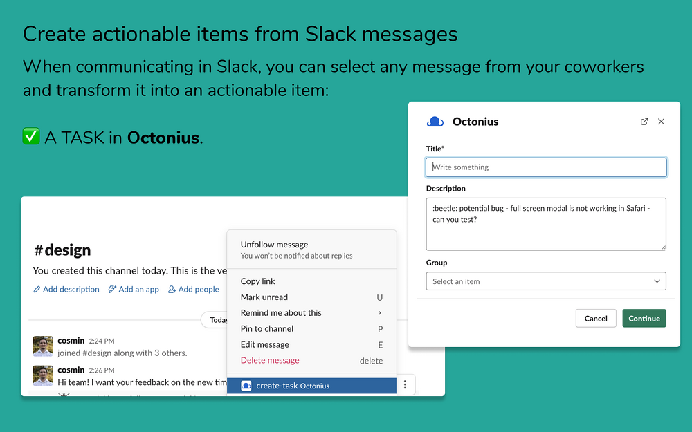 Octonius dashboard view — Project Management app on the Slack Marketplace