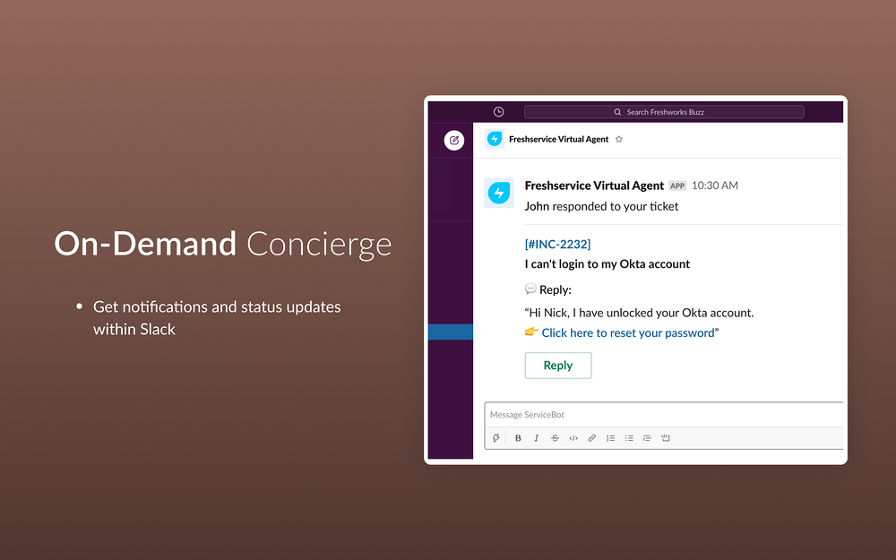 ServiceBot dashboard view — Customer Support app on the Slack Marketplace