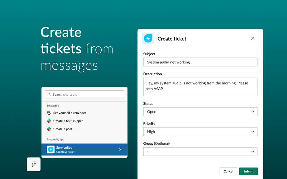 ServiceBot feature detail — Customer Support app on the Slack Marketplace