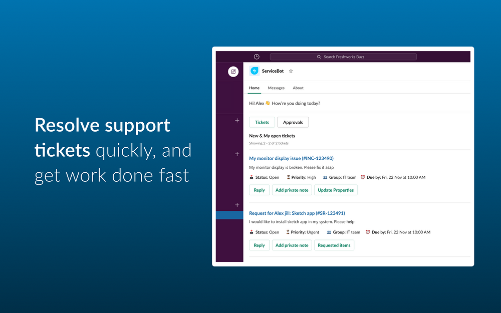 ServiceBot settings interface — Customer Support app on the Slack Marketplace