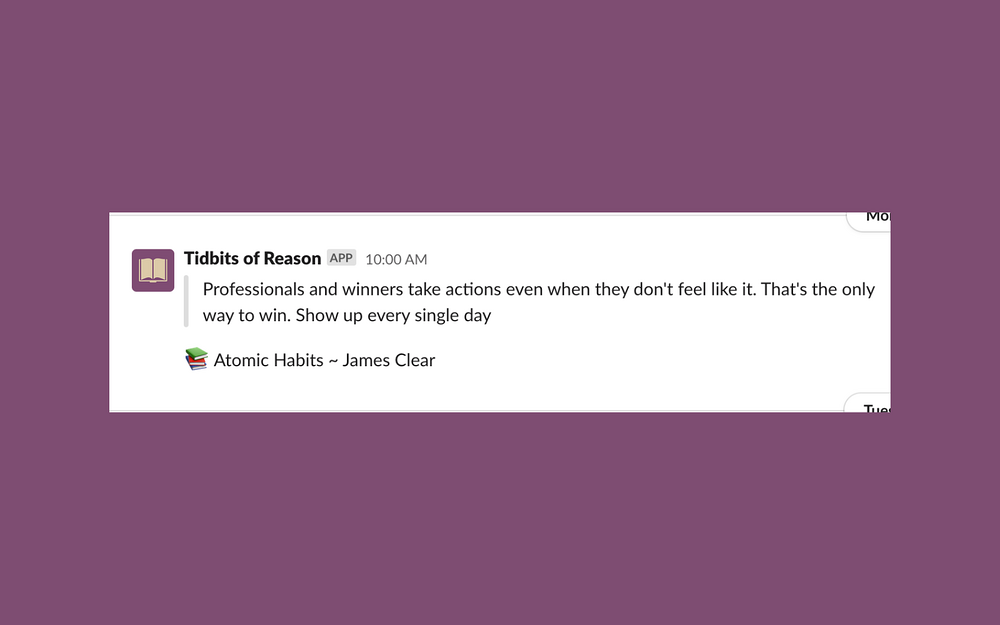 Tidbits of Reason primary marketing image — Health & Wellness app on the Slack Marketplace