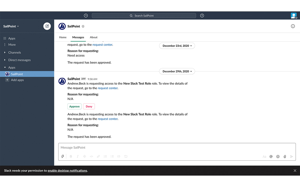 SailPoint dashboard view — Security & Compliance app on the Slack Marketplace