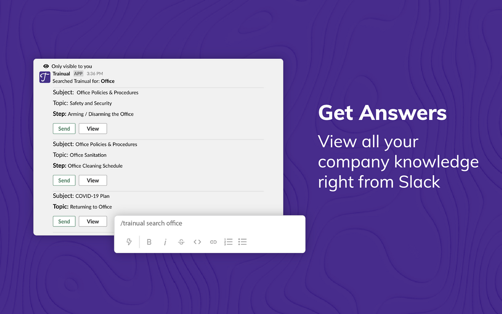 Trainual dashboard view — Office Management app on the Slack Marketplace