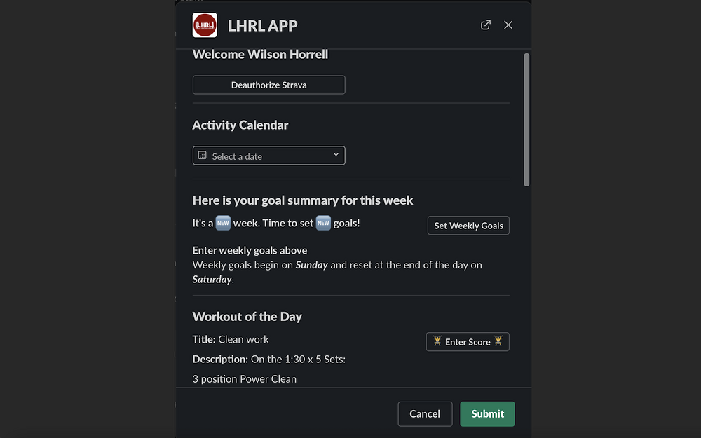 Lift Heavy Run Long® dashboard view — Enterprise-ready apps app on the Slack Marketplace